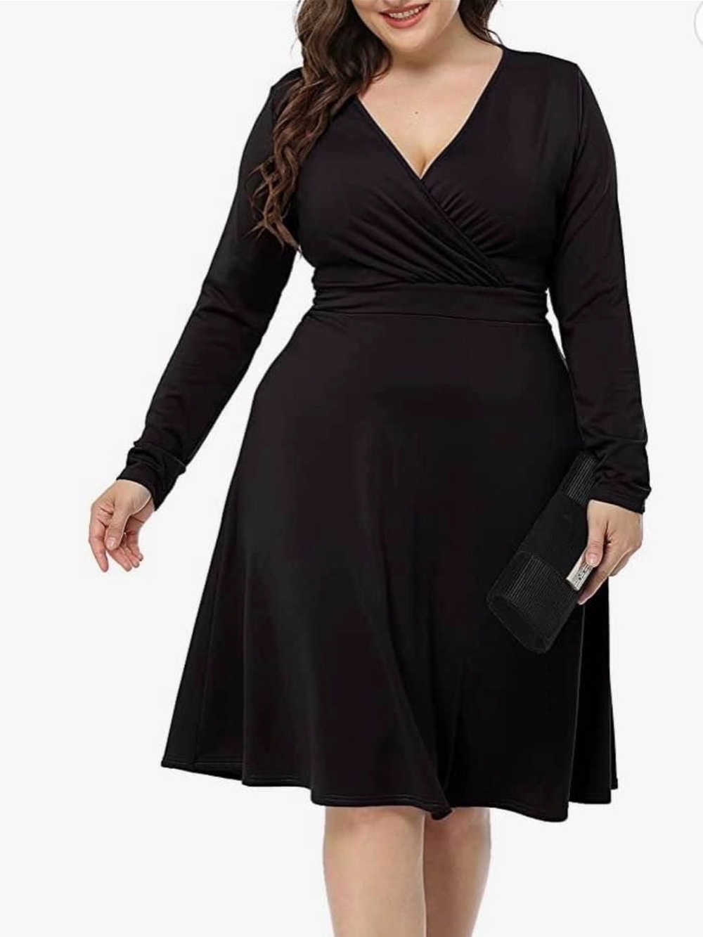 Amzplus Women's Black Long Sleeve V-Neck Midi Wrap Dress Sz 3Xl